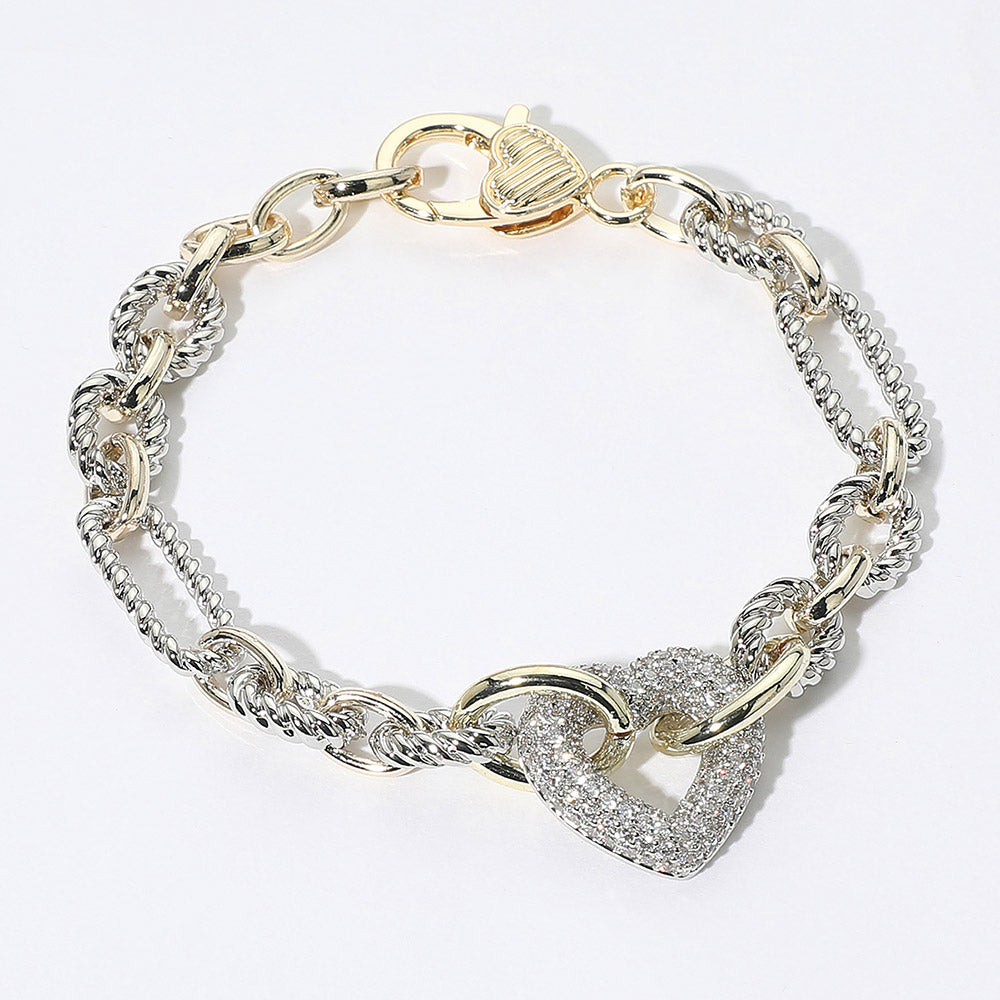 14K Gold Filled Stone Paved Heart Link Bracelet