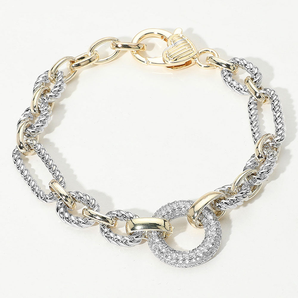 Stone Paved Ring Link Two Tone Bracelet