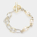 Pearl Two Tone Textured Metal Link Toggle Bracelet