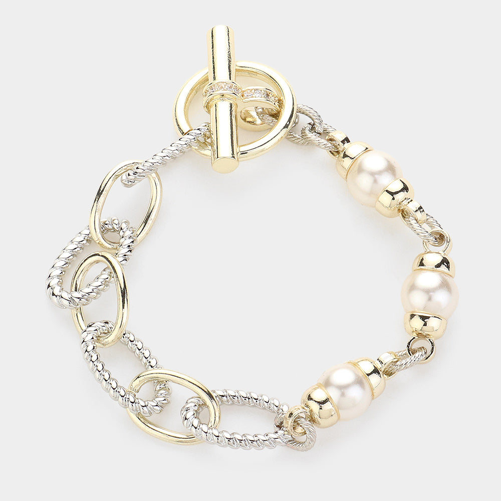 Pearl Two Tone Textured Metal Link Toggle Bracelet