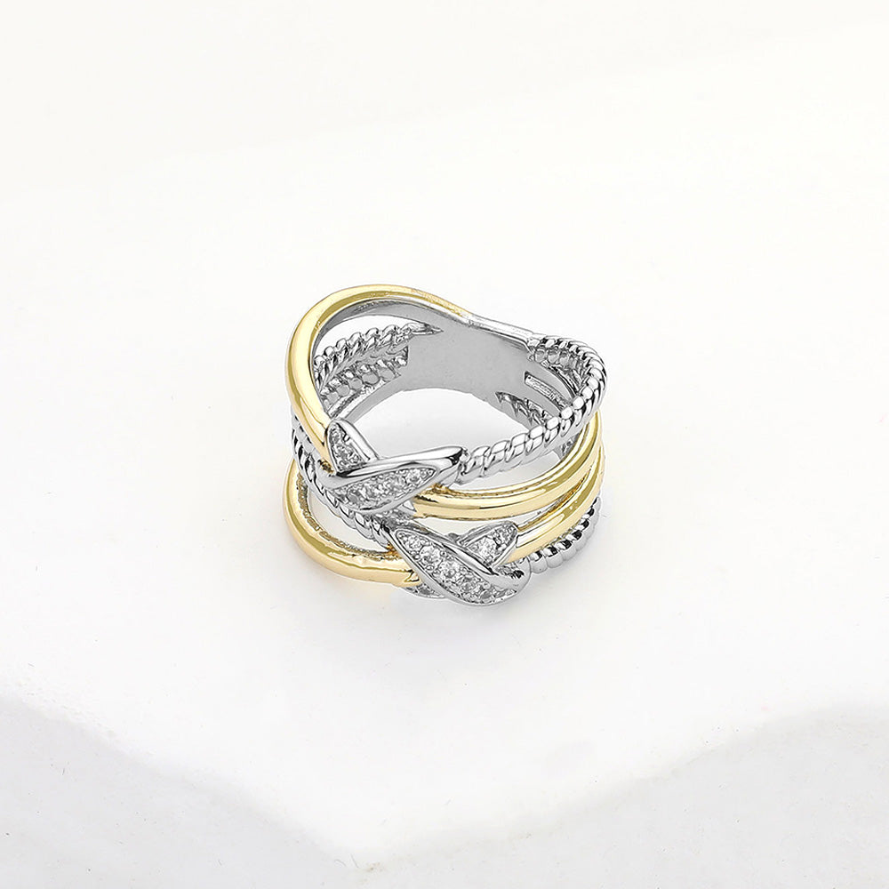 Two Tone Paved Crisscross Ring